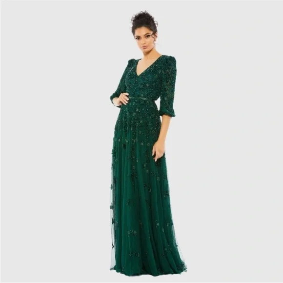 Mac Duggal Green Embellished V Neck 3/4 Sleeve A Line Gown - Picture 2 of 8